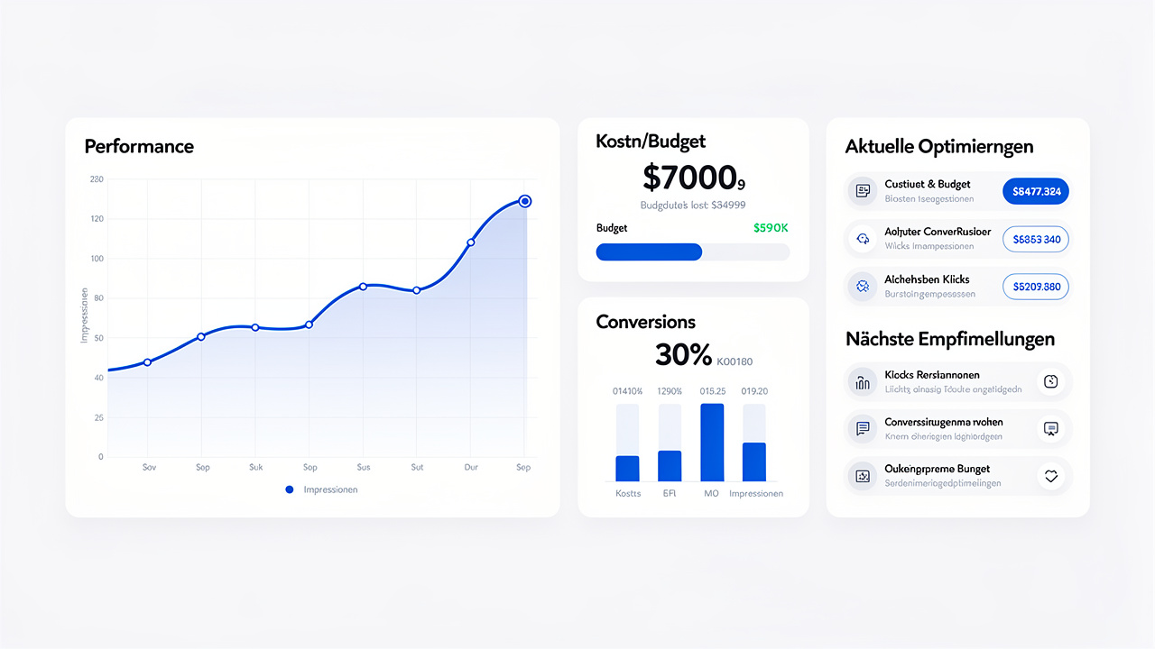 Abstraktes Reporting-Visual mit Charts, Budget- und Conversion-Karten sowie Maßnahmenlisten